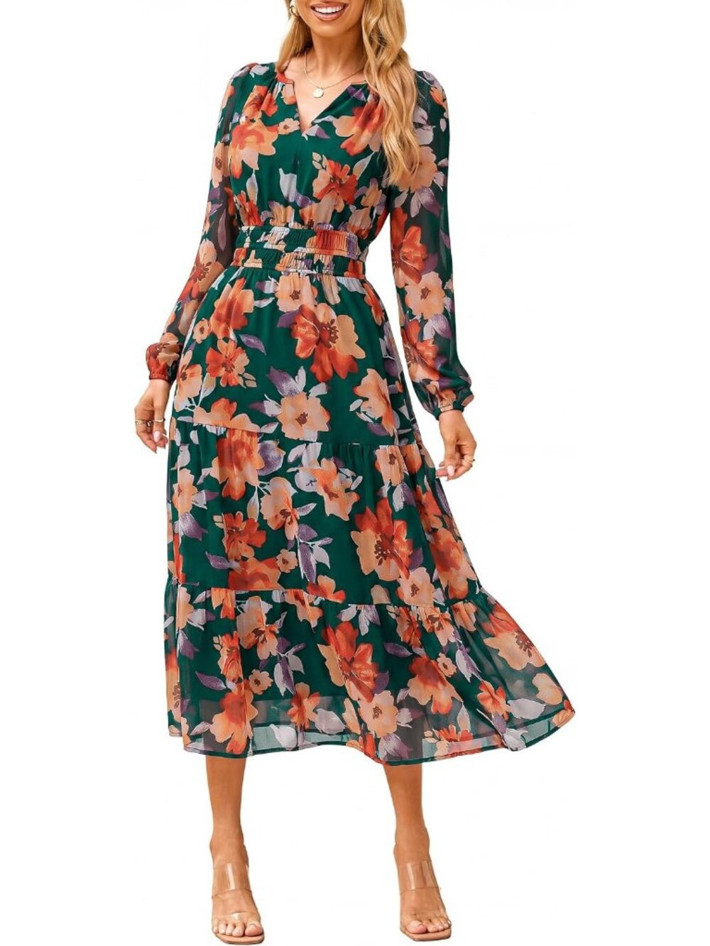 Women's Orange Green Floral Boho V Neck Long Sleeve Wedding Guest Maxi Dresses
